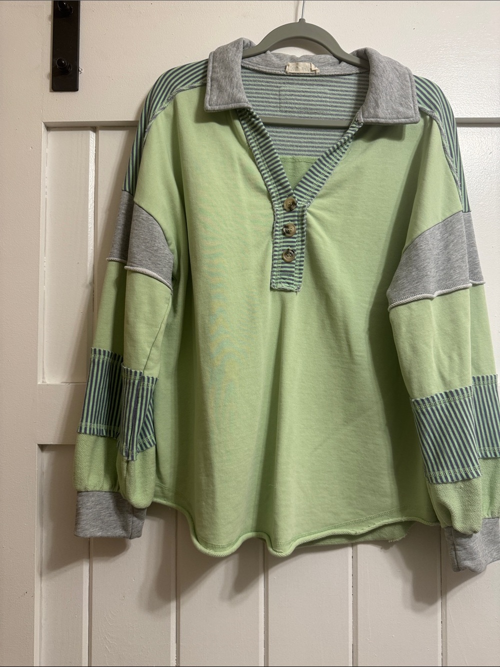 New In.   Relaxed Light Green Collared top with Contrasting Stripes